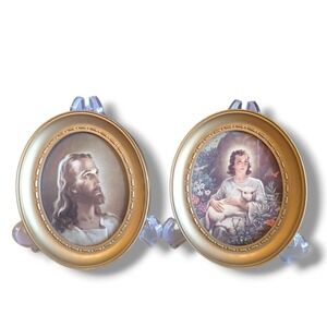 Set Of Vintage Jesus Christ & Young Jesus W/ Lamb Framed Wall Hanging Art 1950's
